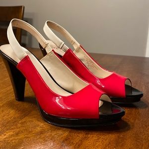 Anne Klein Open Toe 4-Inch Heel Sling backs Color block Black Red Neutral size 8